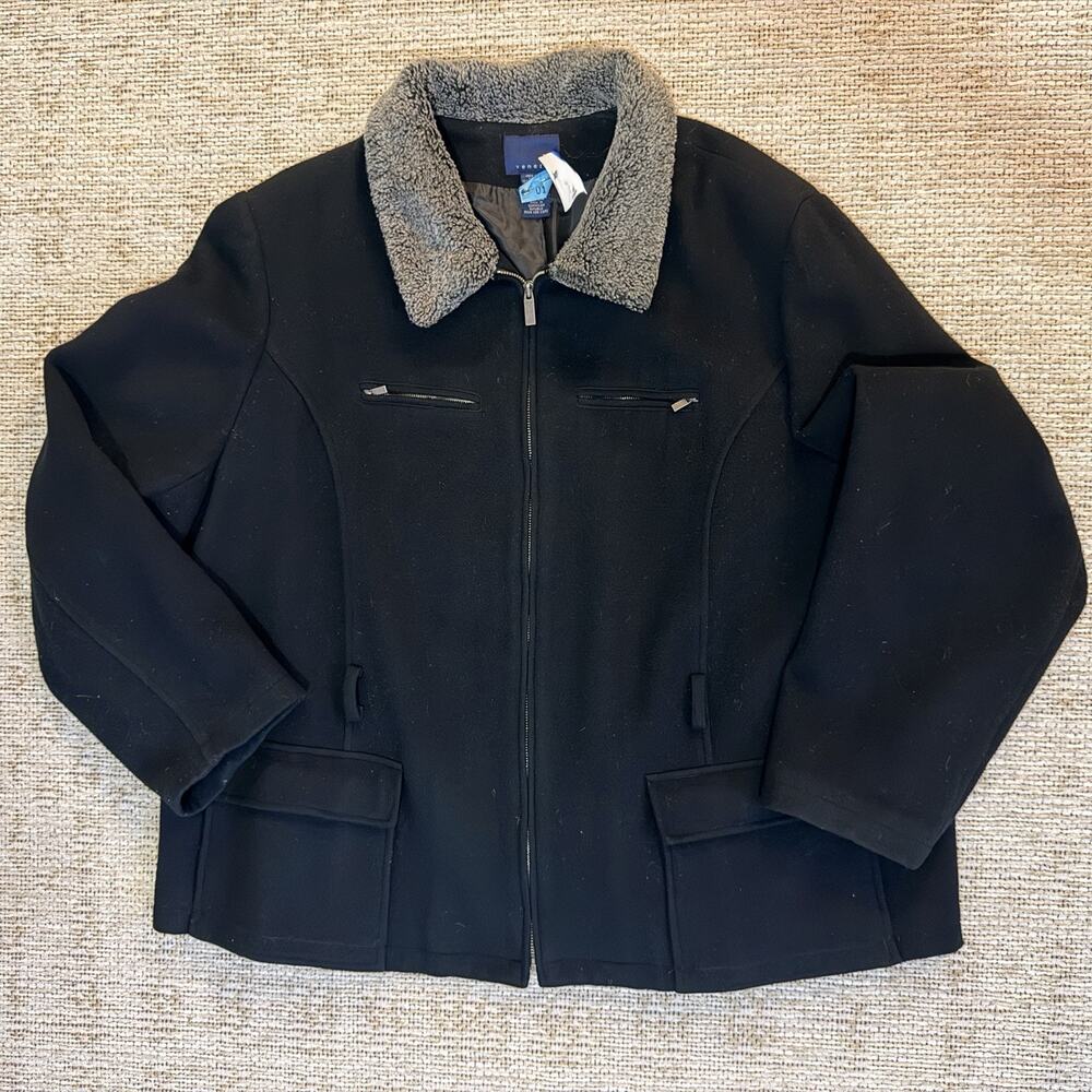 Venezia Black Wool Faux Shearling Collar Zip Jacket Plus Size 22/24